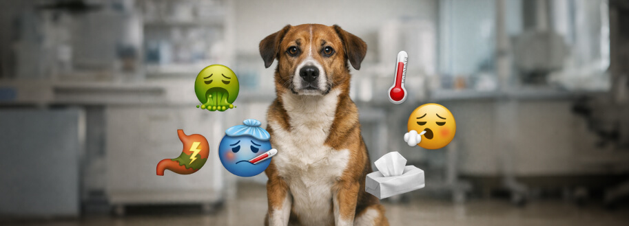 Собака сидит, а вокруг нее иконки с различными болезнями